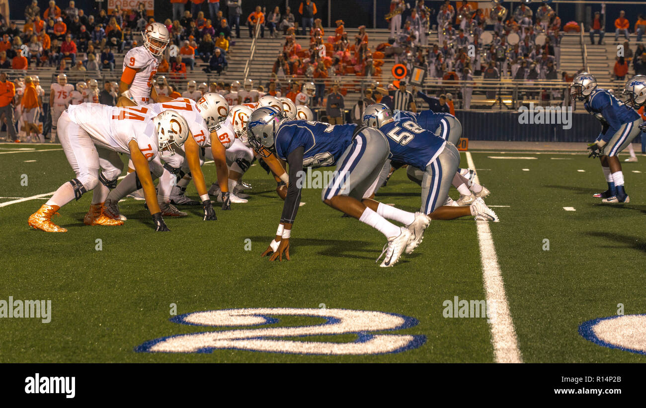 Oktober 12, 2018, PARIS, TEXAS, USA - Paris Texas Wildkatzen Niederlage Celina, Bobcats 54-7 in der High School Division 4 Football Game Stockfoto