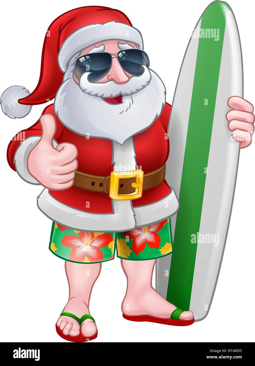 Cool Santa mit Surfbrett und Sonnenbrille Cartoon Stock Vektor