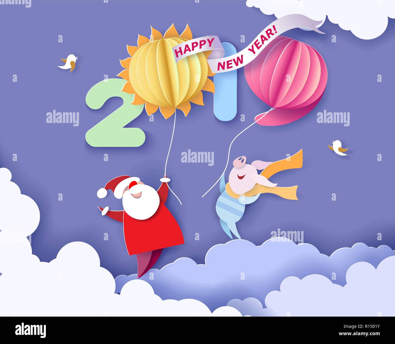 Farbiges Papier cut Design und Handwerk Winter Landschaft mit Baum, Santa Claus und Schwein mit Luftballons. Urlaub 2019 Neues Jahr und Weihnachten Design. Vector Illustration. Frohe Weihnachten Karte. Stock Vektor