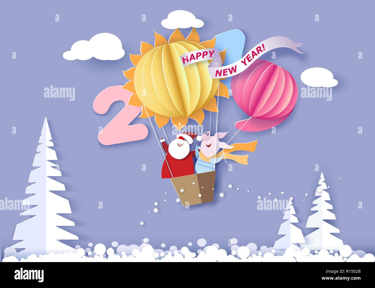 Farbiges Papier cut Design und Handwerk Winter Landschaft mit Baum, Santa Claus und Schwein fliegen mit Luftballons. Urlaub 2019 Jahr und Weihnachten Design. Vector Illustration. Neues Jahr Karte. Stock Vektor