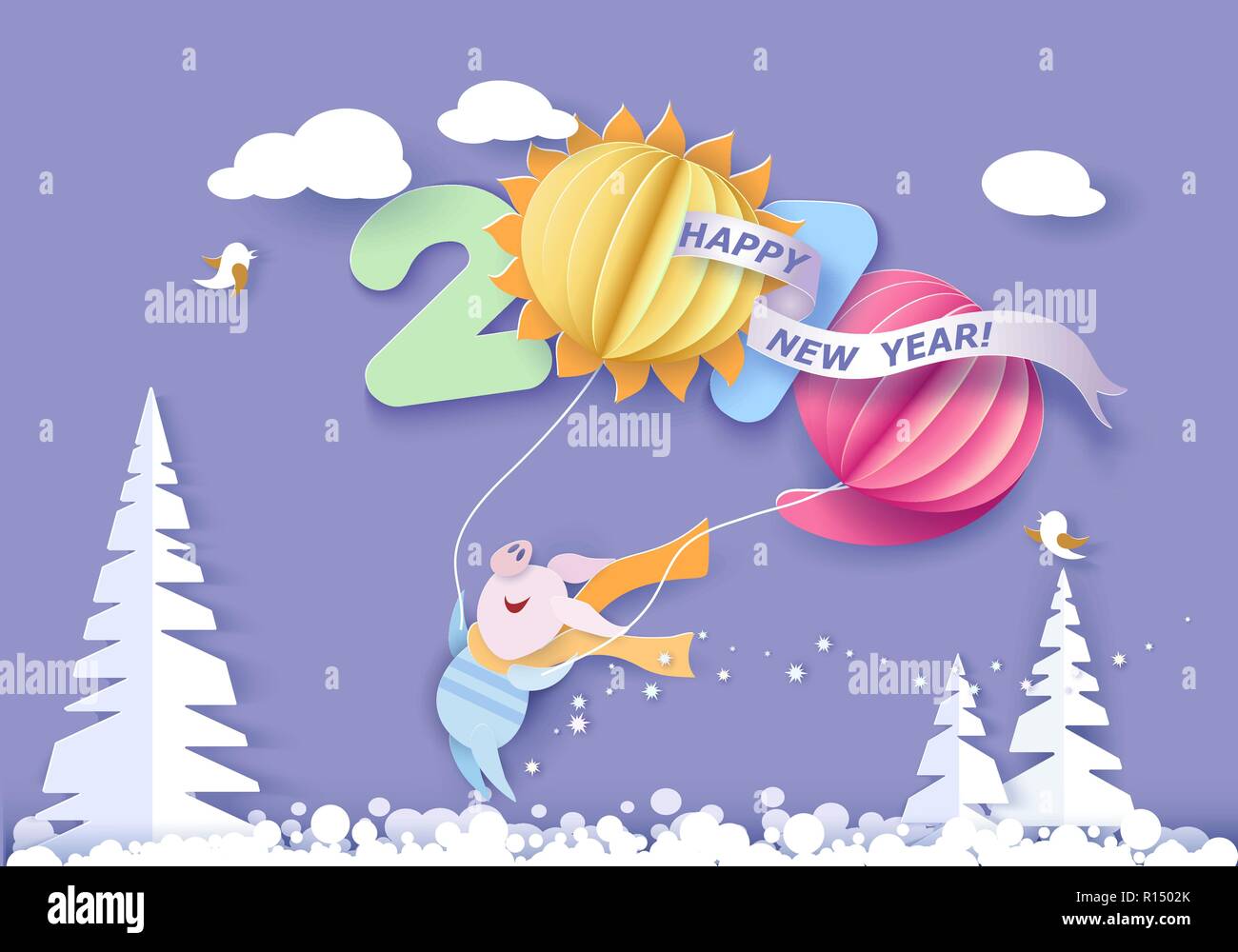 Farbiges Papier cut Design und Handwerk Winterlandschaft mit glücklichen Schweine fliegen mit Air Ballons wie Ziffern geprägt. Urlaub 2019 Jahr und Weihnachten Design. Vector Illustration. Neues Jahr Karte. Stock Vektor