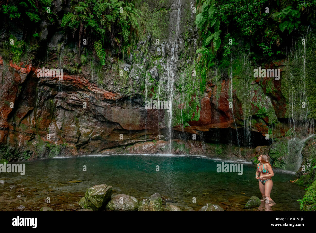 Wasserfall 25 Fontes, Rabacal-Tal, Zentralgebirge, Madeira, Portugal Stockfoto