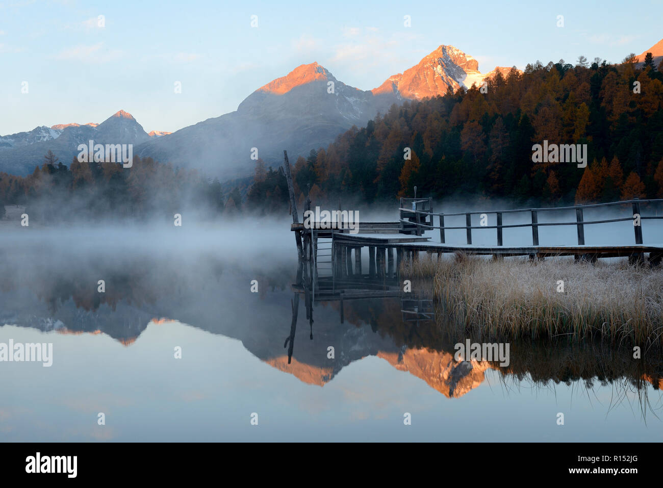 Morgenstimmung am Stazer siehe St. Moritz, Engadin, Oberengadin, Kanton Graubünden, Schweiz, Europa, Lej da Staz Stockfoto