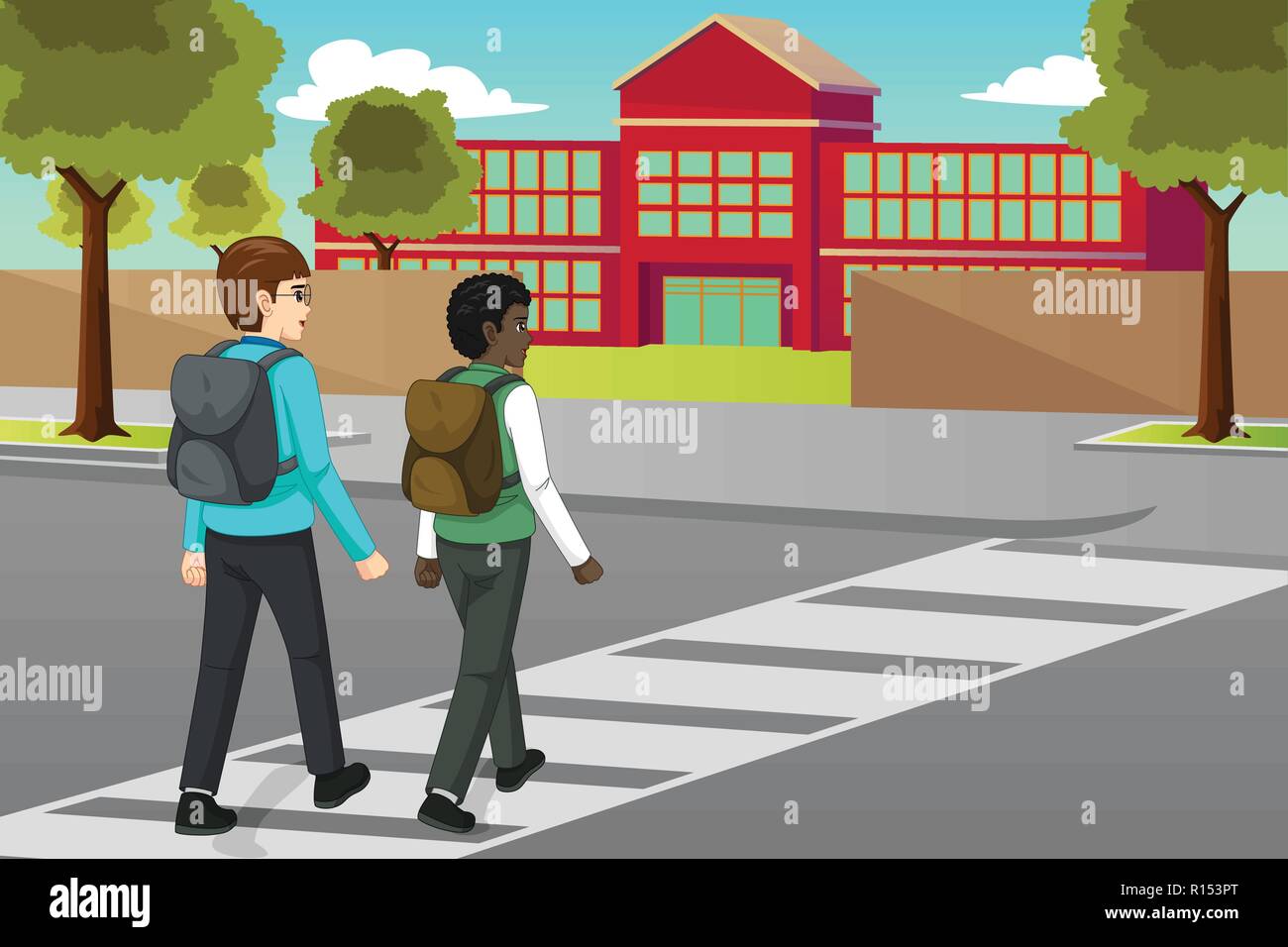 Ein Vektor Illustration der Schüler die Straße überqueren zu Schooll Stock Vektor