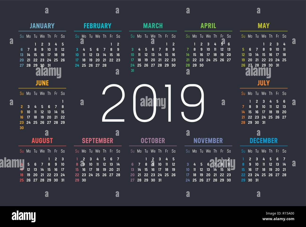 2019 minimalistische bunten Kalender, auf schwarzem Hintergrund. Stock Vektor