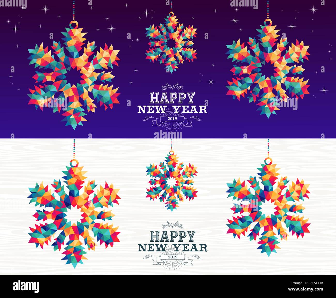 Frohes neues Jahr 2019 farbenfrohe hipster Dreieck Schneeflocke urlaub Ornamente Banner mit Nachthimmel und Holz Hintergrund gesetzt. EPS 10 Vektor. Stock Vektor