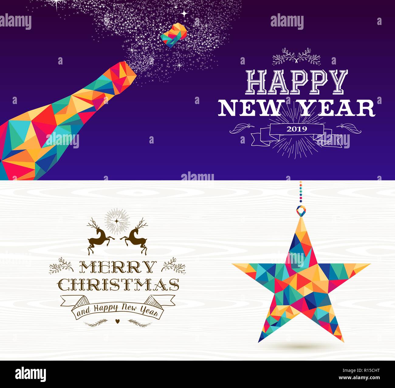 Frohes Neues Jahr Champagner und Frohe Weihnachten shooting star in hipster Dreieck formen. Nützlich wie holiday Banner oder Grußkarte Designs. EPS 10 vecto Stock Vektor