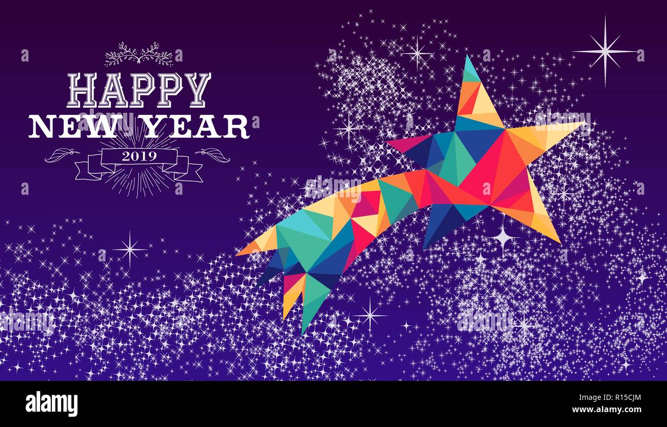 Neues Jahr 2019 urlaub Grußkarte oder Poster Design mit bunten Dreieck Shooting Star und Label Abbildung: Glücklich. EPS 10 Vektor. Stock Vektor