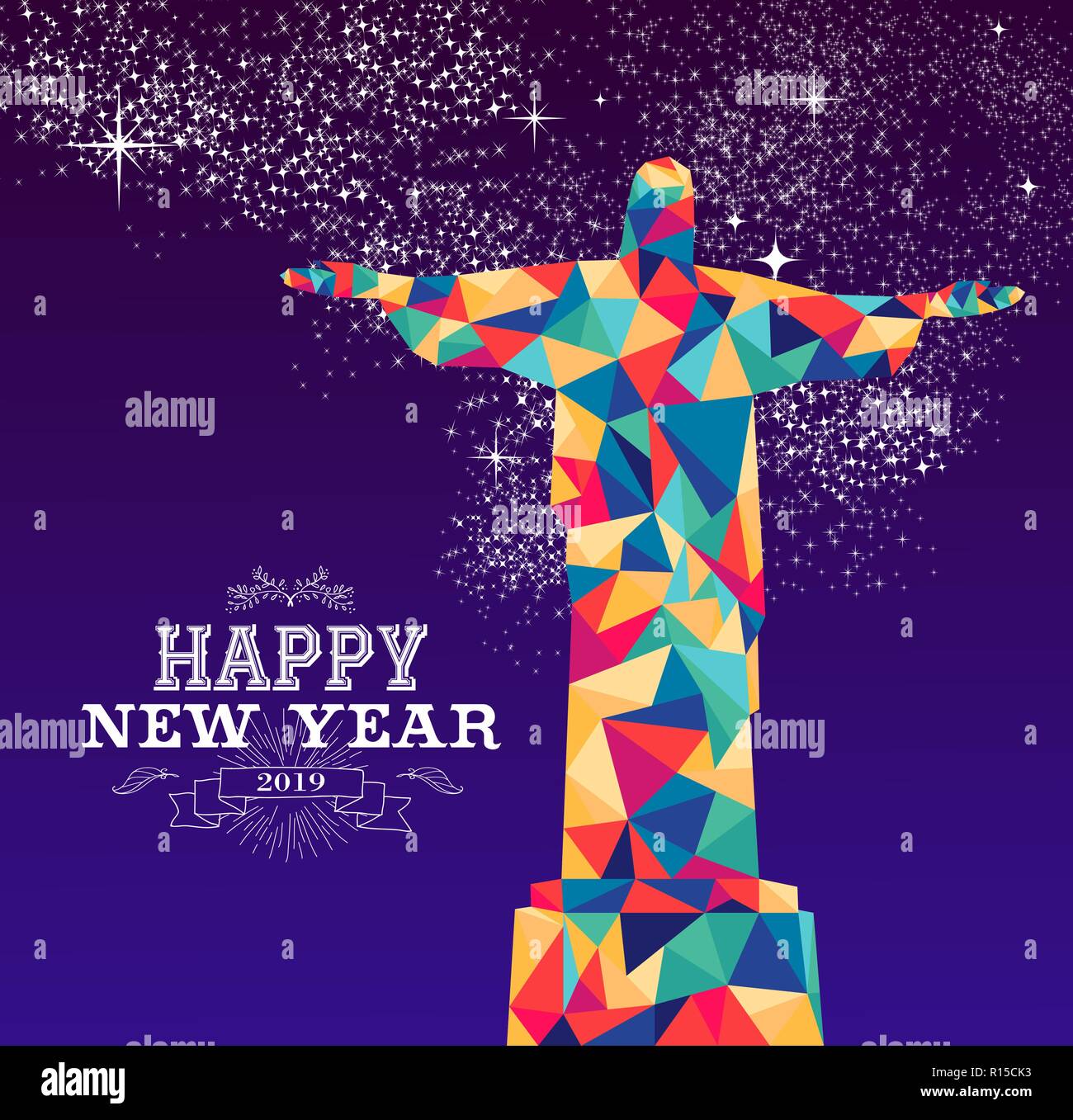 Frohes neues Jahr 2019 Grußkarte oder Poster Design mit bunten Dreieck Rio Brasilien Statue und Vintage label Abbildung. EPS 10 Vektor. Stock Vektor