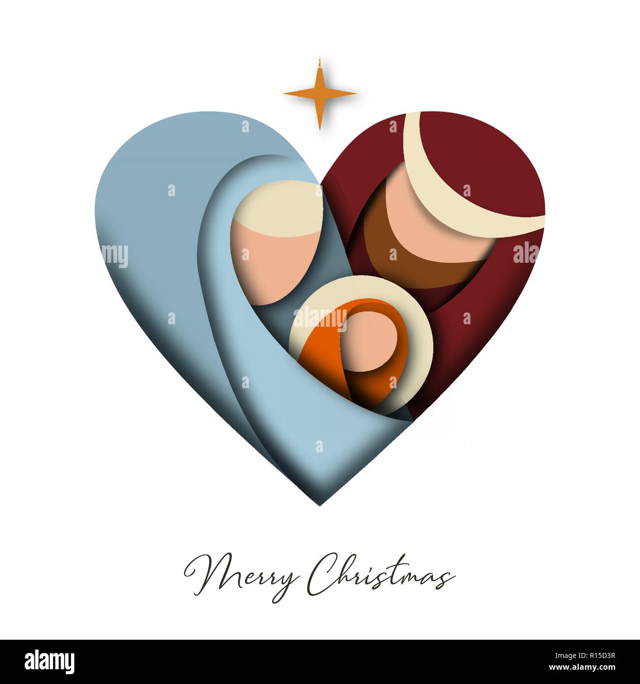 Frohe Weihnachten 3d Papier schneiden Grußkarte mit religiösen Darstellung der Heiligen Familie: Maria, Josef und Jesus Christus. Urlaub Design für festliche Stock Vektor