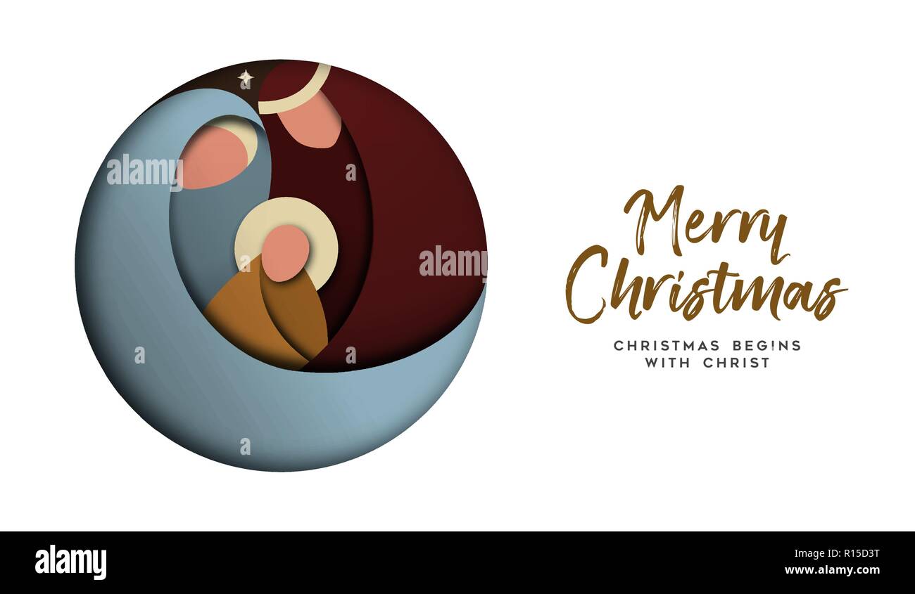Frohe Weihnachten Grußkarte, heilige Familie Abbildung in aktueller 2-in-1-Papier schneiden Stil. Religiöser Feiertag Design von Baby Jesus Christus. Stock Vektor