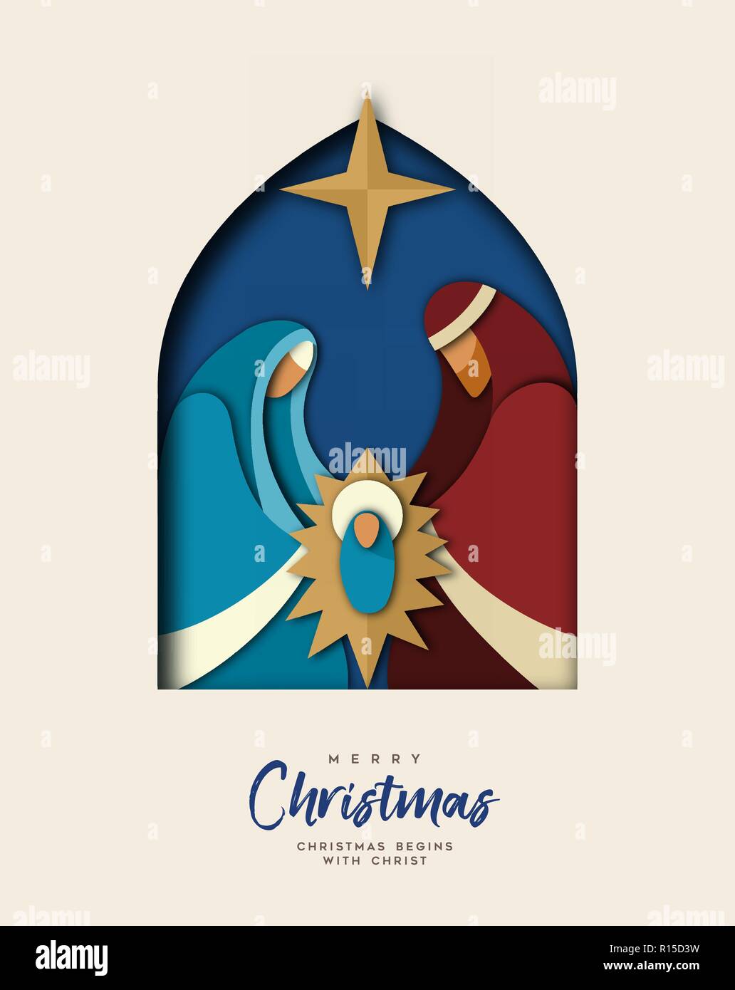 Frohe Weihnachten Grußkarte, heilige Familie Abbildung in aktueller 2-in-1-Papier schneiden Stil. Religiöser Feiertag Design von Baby Jesus Christus. Stock Vektor