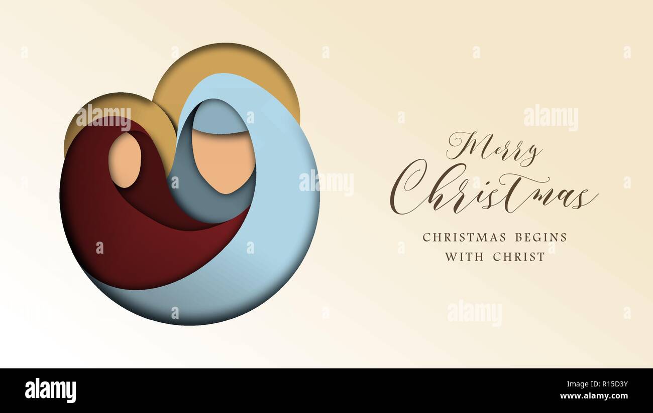 Frohe Weihnachten 3d Papier schneiden Grußkarte mit religiösen Darstellung der Heiligen Familie: Maria, Josef und Jesus Christus. Urlaub Design für festliche Stock Vektor