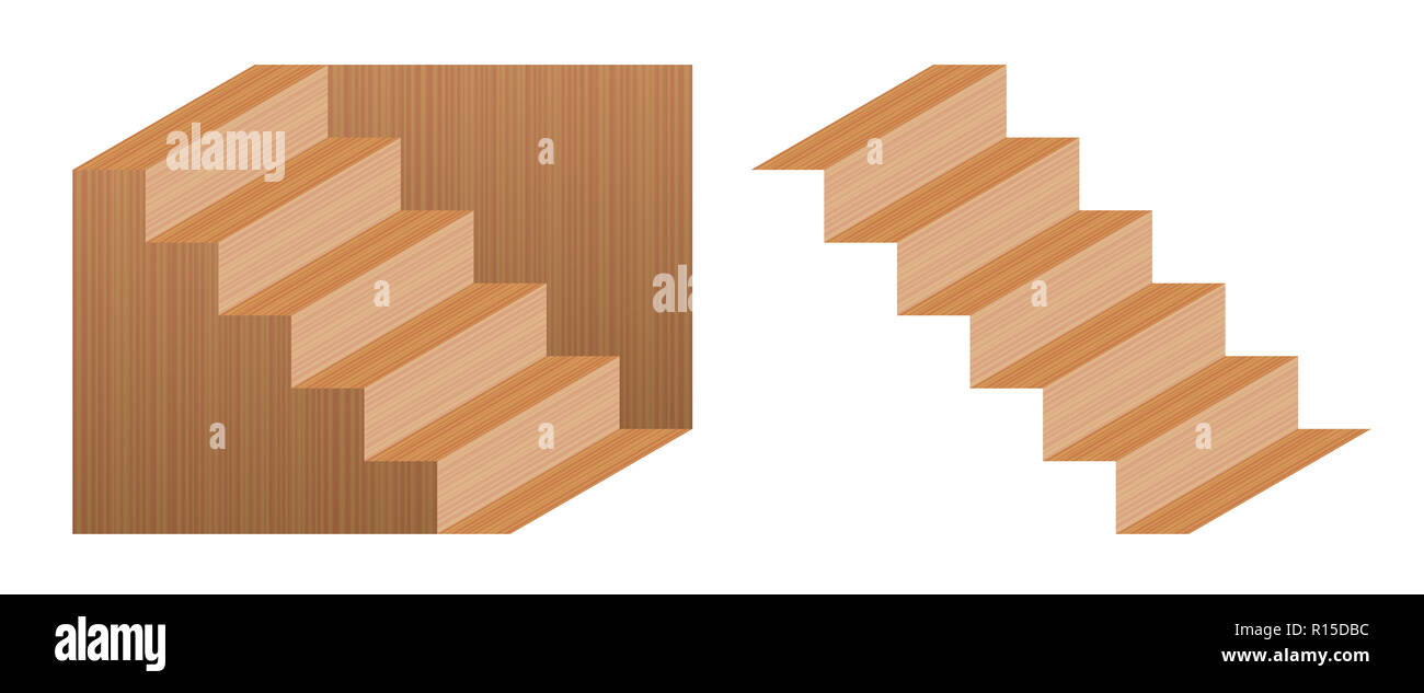 Optische Täuschung Treppe nannte Schroeder Treppen. Holz- Objekt, das als nach unten führende Treppe wahrgenommen werden kann, von links nach rechts oder nach oben Stockfoto