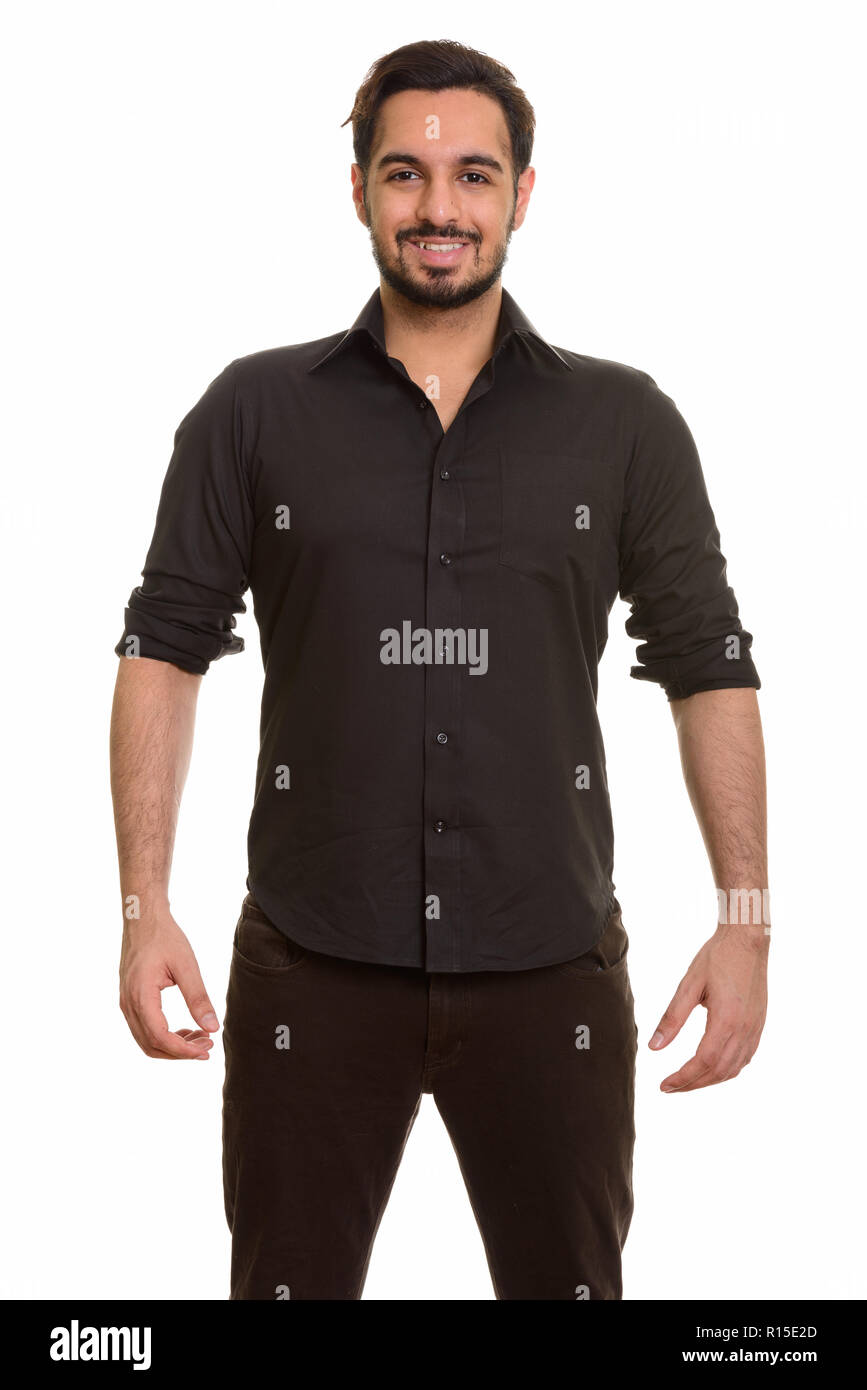 Porträt der jungen indischen Mann glücklich lächelnd Stockfoto