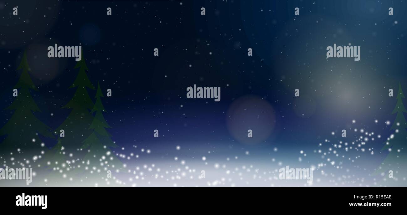 Breite winter Hintergrund mit Tannen, Schnee, kreisrunden Licht gegen den dunklen Himmel Stock Vektor