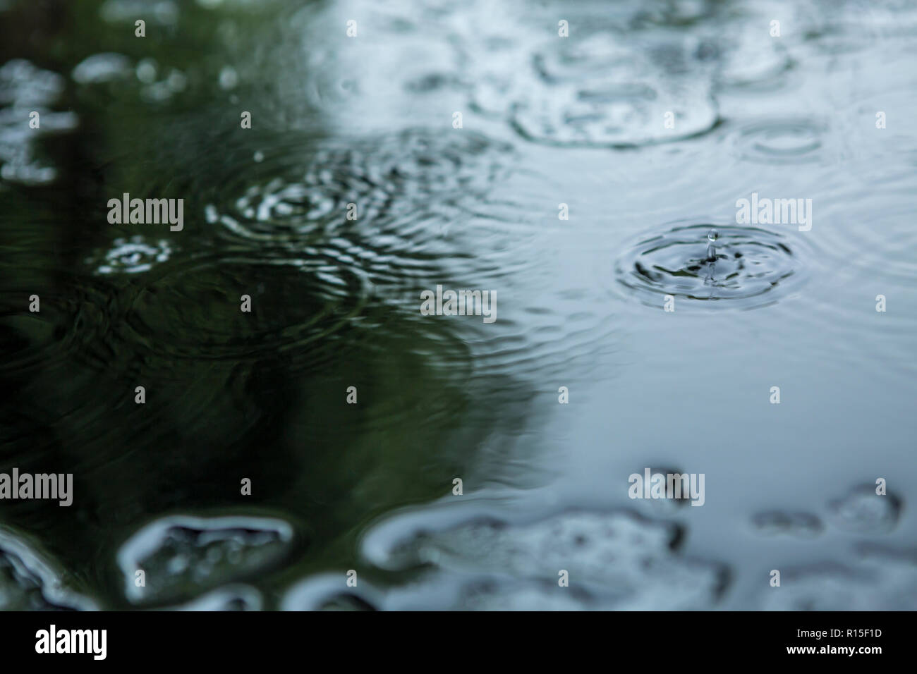 Regen Tropfen auf ein Glas Tabelle erstellen von Spritzern und Ringe Stockfoto