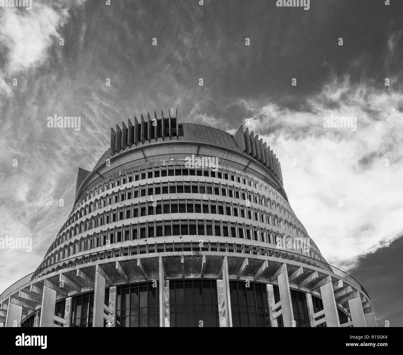 Schwarz-weiß Bild von Neuseeland das Parlament als der Bienenstock in der Hauptstadt Wellington bekannt Stockfoto