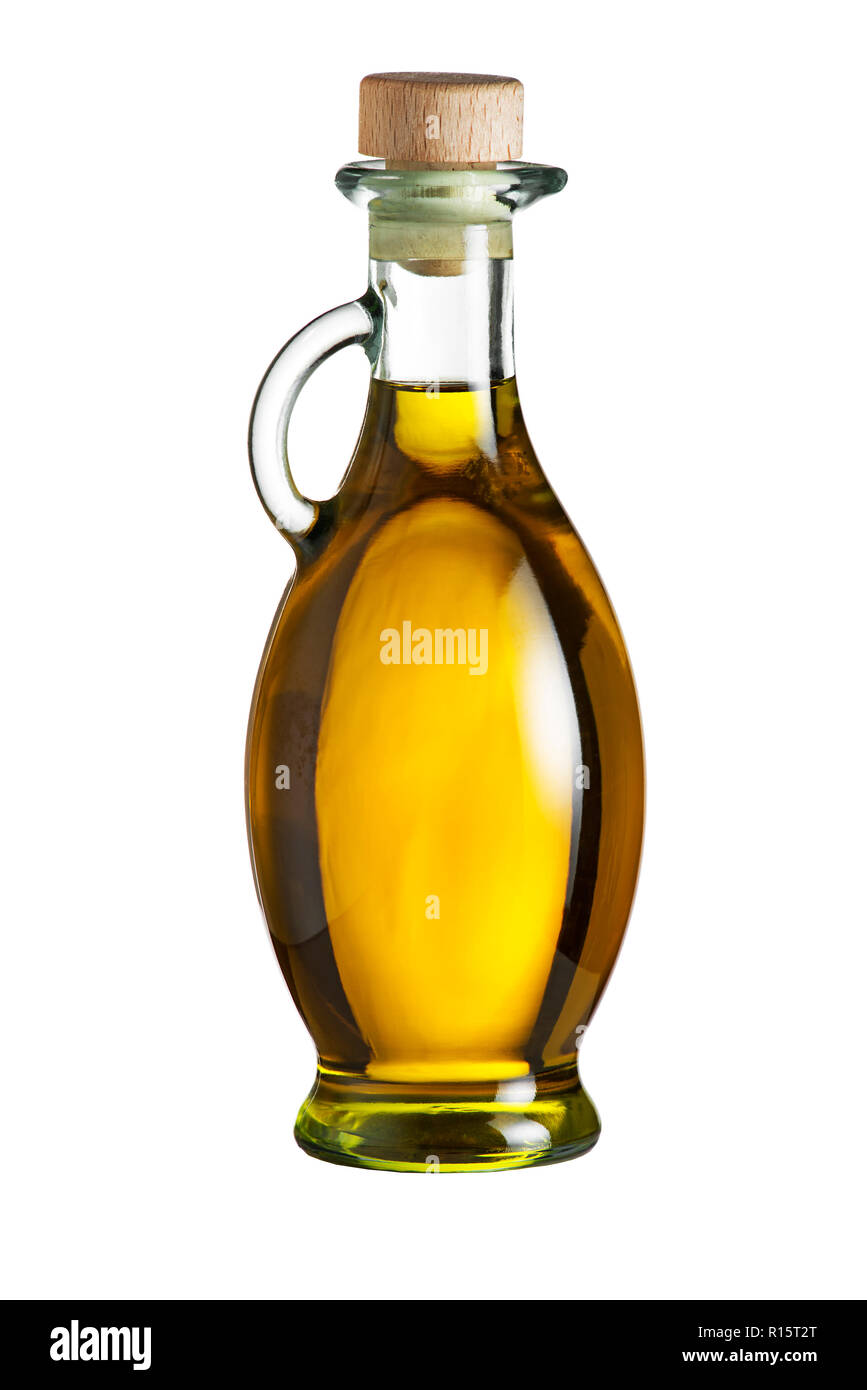 Flasche gesunde Olivenöl Extra Vergine auf Weiß isoliert Stockfoto