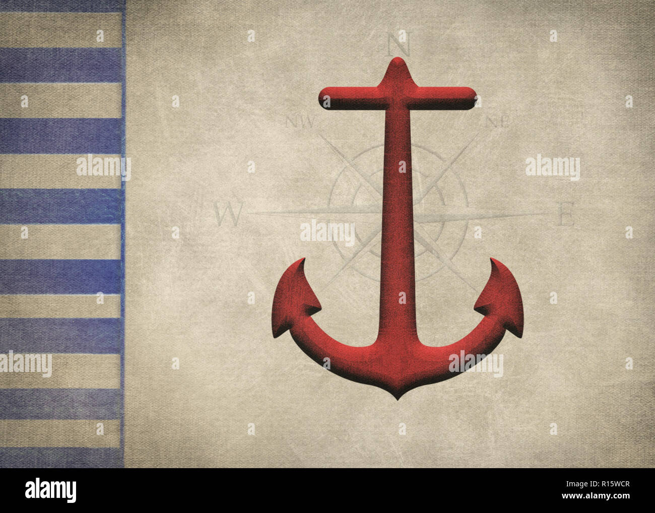 Rot Anker und Kompass mit Nautical Blue Stripe Grenze und Braun strukturierte Overlay Stockfoto