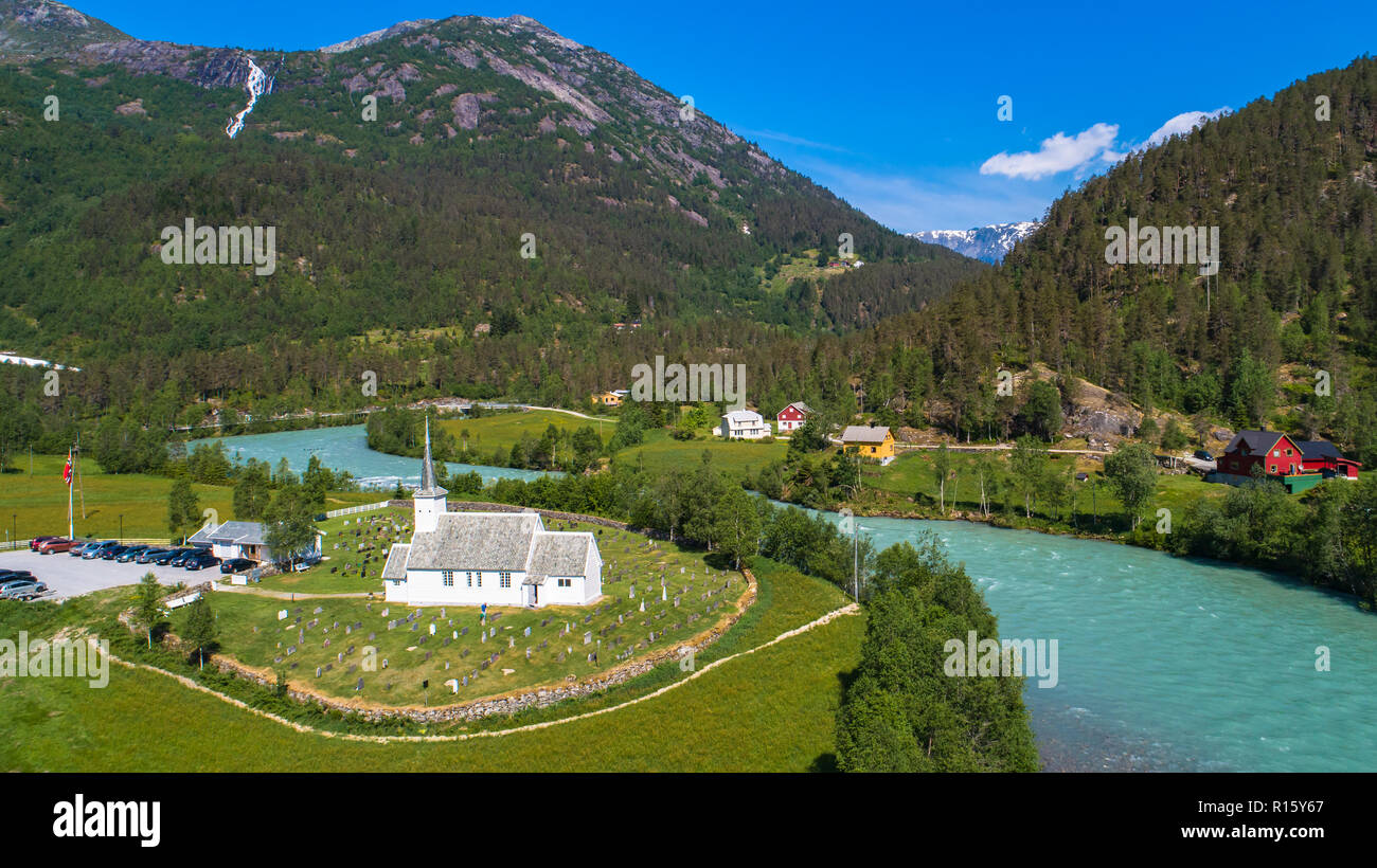 Jostedalsbreen Kirche. Eine Pfarrkirche in Lustre Gemeinde in Sogn und Fjordane County, Norwegen. Stockfoto