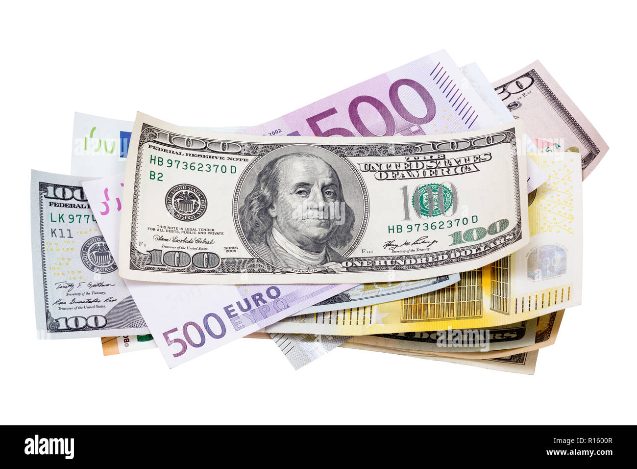 Dollar und Euro Banknoten auf weißem Hintergrund. Stockfoto
