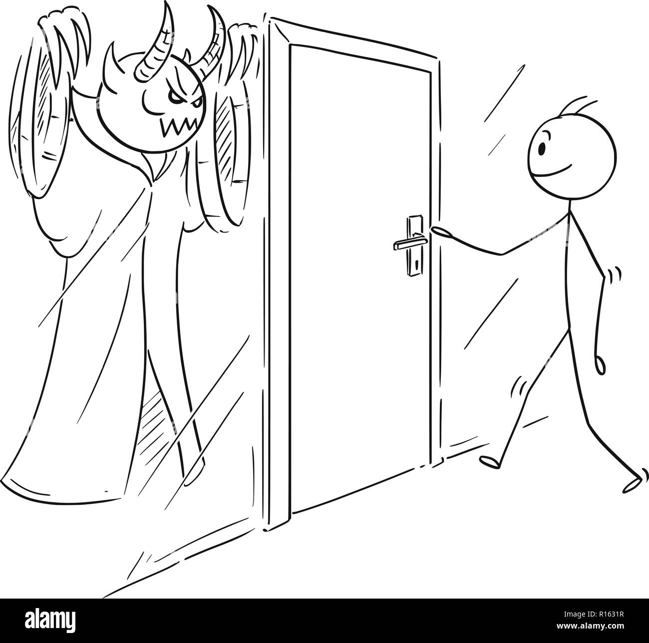 Cartoon von Mann, der bereit ist, die Tür zu öffnen, aber es ist böse oder Dämon hinter Stock Vektor