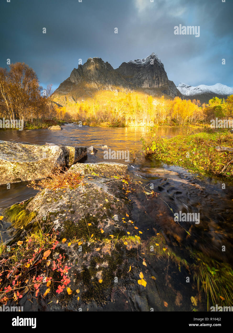 Mt Strandåtind im Herbst Farben Stockfoto