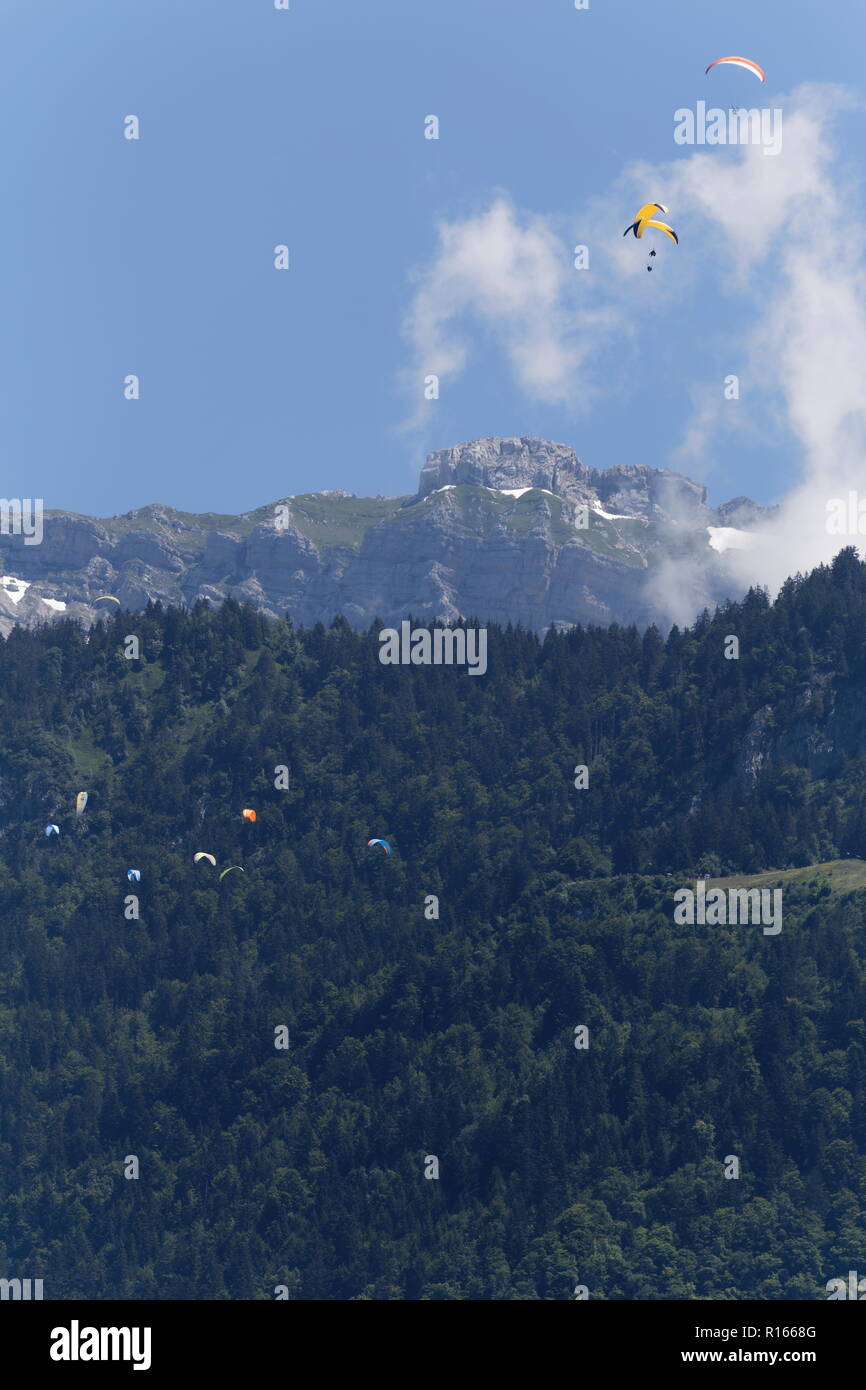 Gleitschirme fliegen über die Wälder des Col de La Forclaz über den See von Annecy Frankreich Stockfoto