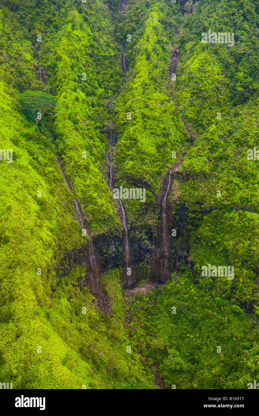 Antenne mit einem Wasserfall im Inneren von Kauai, Hawaii, USA Stockfoto