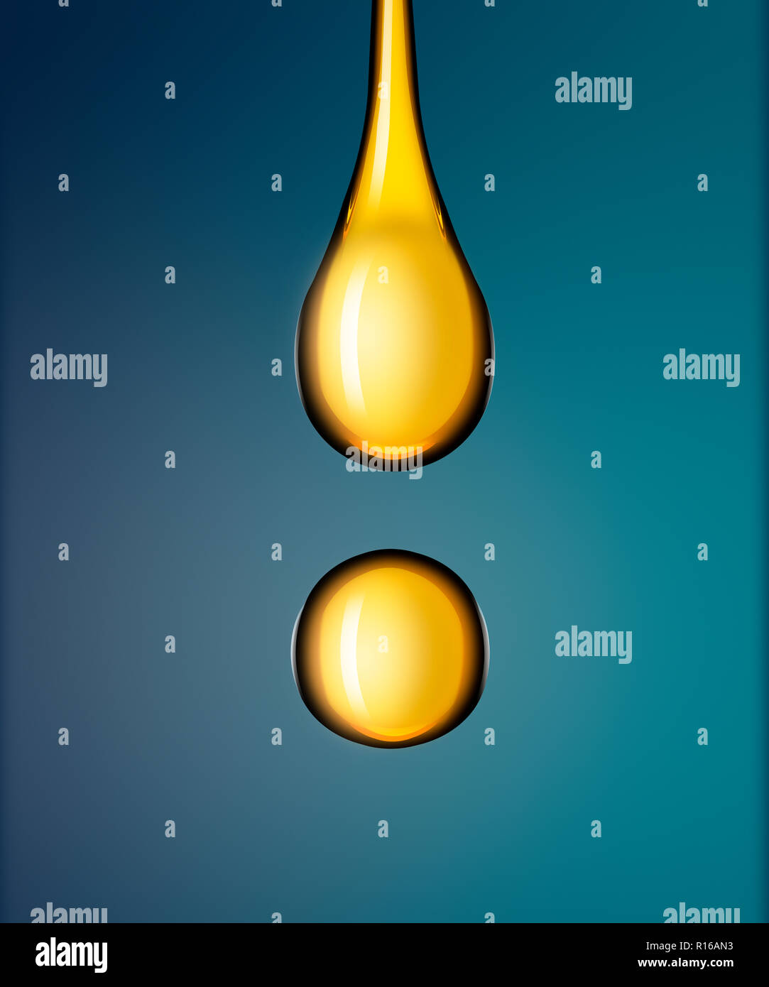 Drop und Tropfen goldene Flüssigkeit vor blauem Hintergrund Stockfoto