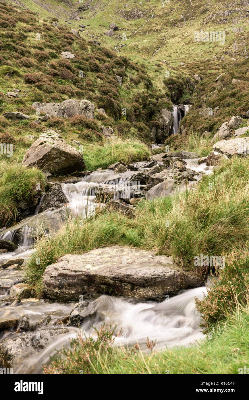 Mountain Stream auf der Cwm Idwal Track im Snowdonia National Park in Nordwales Stockfoto