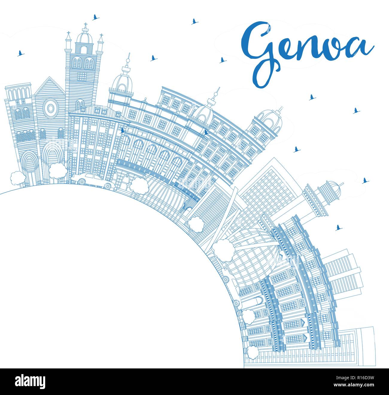 Umrisse Genua Italien Skyline der Stadt mit blauen Gebäude und Kopieren. Vector Illustration. Business Travel und Tourismus Konzept mit moderner Architektur. Stock Vektor