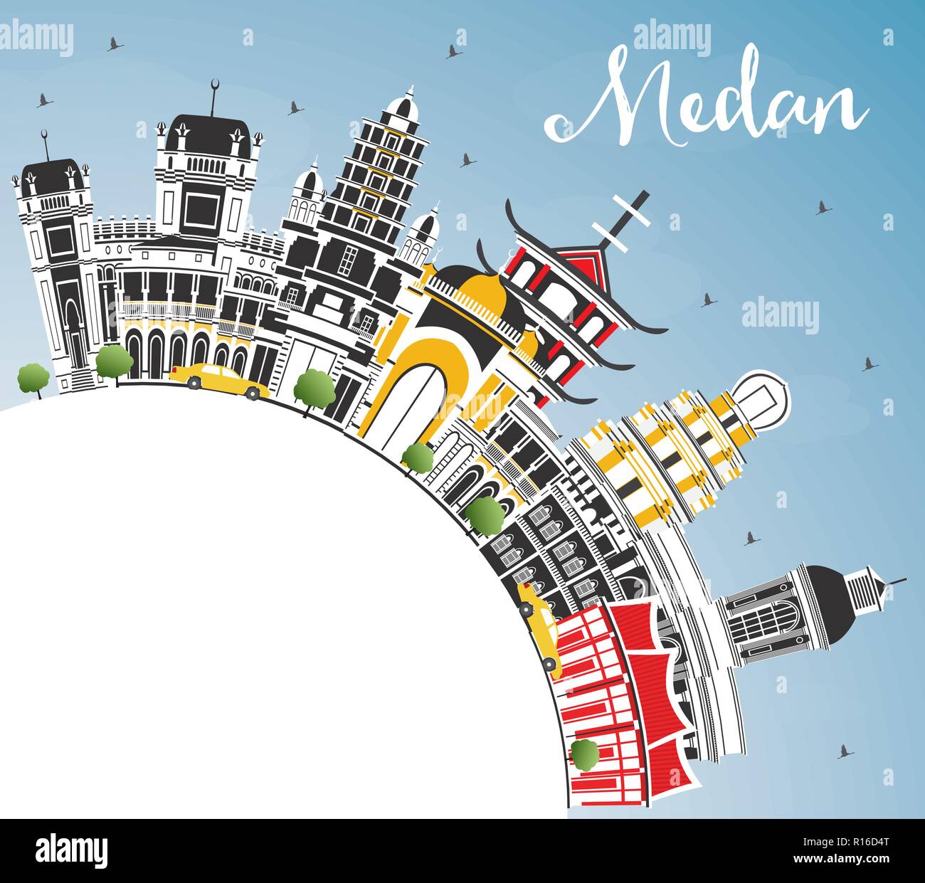 Medan Indonesien Skyline der Stadt mit Gebäuden, blauer Himmel und Kopieren. Vector Illustration. Business Travel und Tourismus Konzept Stock Vektor