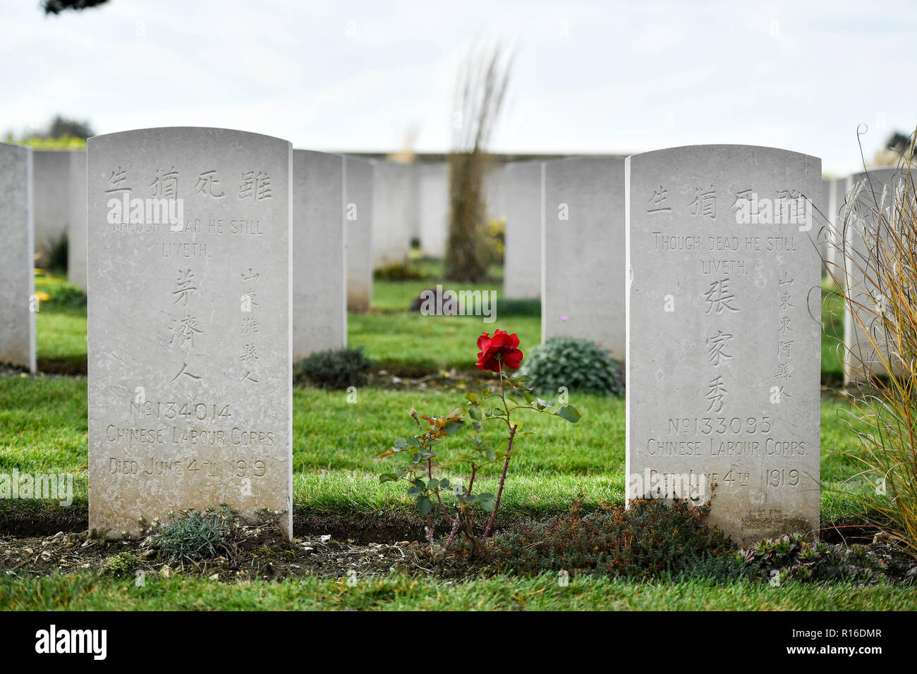 Noyelles-sur-Mer. 9 Nov, 2018. Foto an November 6, 2018 zeigt die Nolette chinesischen Friedhof in Noyelles-sur-Mer, Frankreich. Die chinesischen Friedhof und Denkmal, in der Ortschaft Nolette, ist der größte in Europa. Während des Ersten Weltkrieges rund 140.000 chinesische Arbeiter in Europa angekommen logistische Dienstleistungen für die alliierten Truppen, von denen etwa 20.000 ihr Leben im Krieg verloren hatte. Die Nov. 11, 2018 markiert den hundertsten Jahrestag des Endes des Ersten Weltkriegs Credit: Chen Yichen) (Psw/Xinhua/Alamy leben Nachrichten Stockfoto