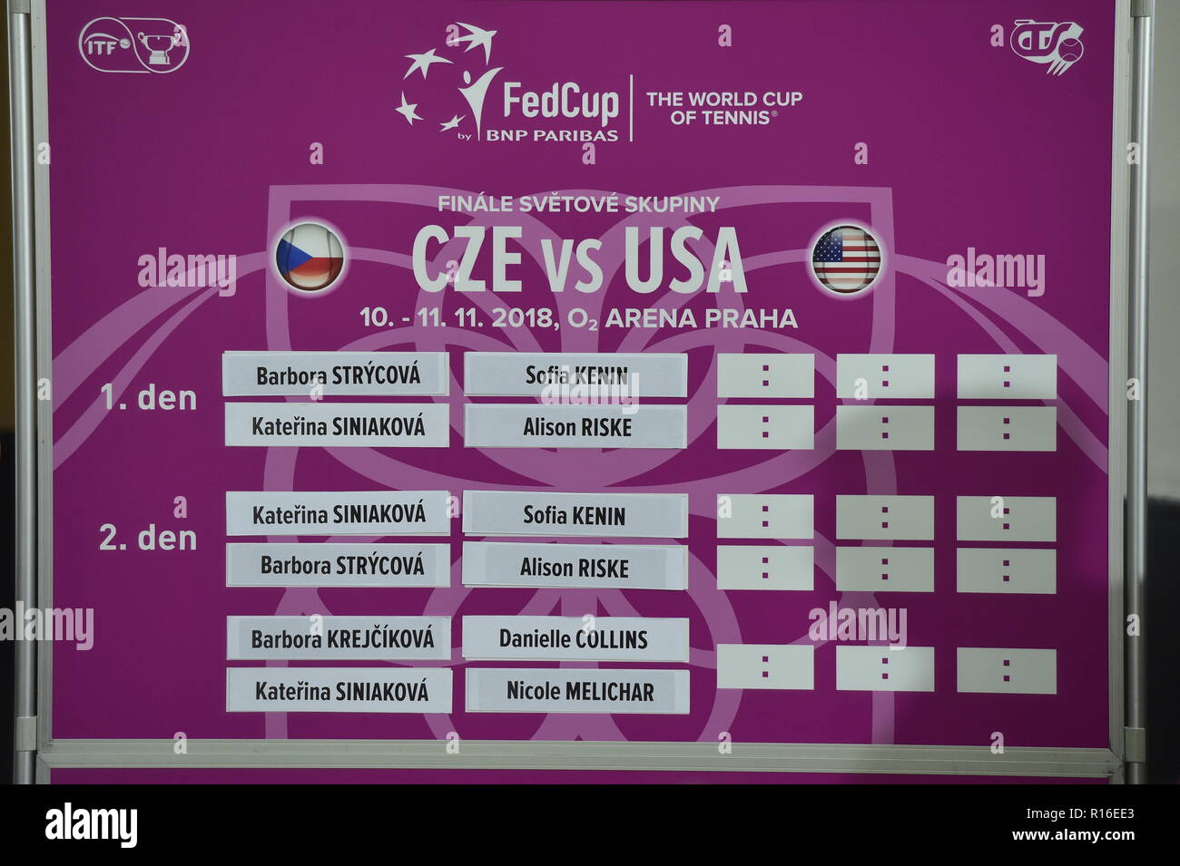 Prag, Tschechische Republik. 09 Nov, 2018. Der Vorstand mit gezogenen entspricht nach der Auslosung in der Tschechischen Republik USA tennis Fed Cup Finale in Prag vs, Tschechische Republik, November 9, 2018. Credit: Roman Vondrous/CTK Photo/Alamy leben Nachrichten Stockfoto