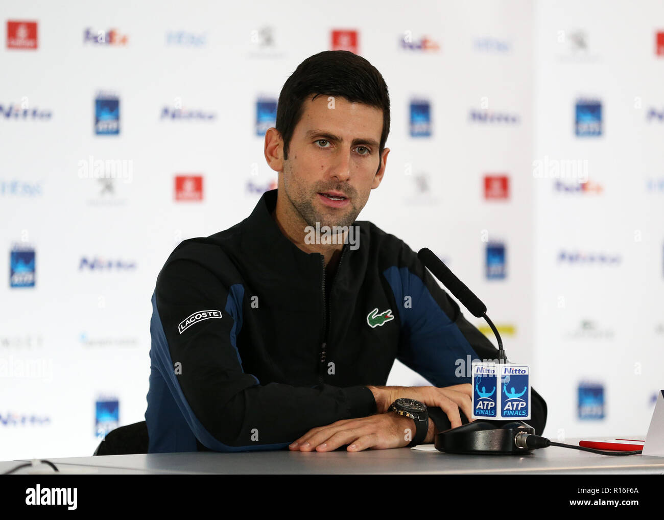 9. November 2018, O2 Arena, London, England; Nitto ATP-Tennisturniers, Medien Tag; Novak Djokovic Beantwortung von Fragen aus der Presse Stockfoto