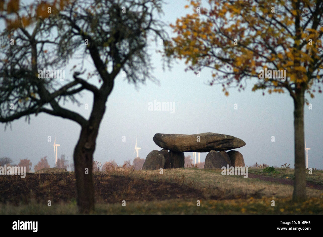 Drosa, Deutschland. 07 Nov, 2018. Der große Stein Grab "die Bösen Keller'. Das Grab stammt aus der Jungsteinzeit und wurde ursprünglich unter einem Erdhügel befindet. Credit: Klaus-Dietmar Gabbert/dpa-Zentralbild/ZB/dpa/Alamy leben Nachrichten Stockfoto