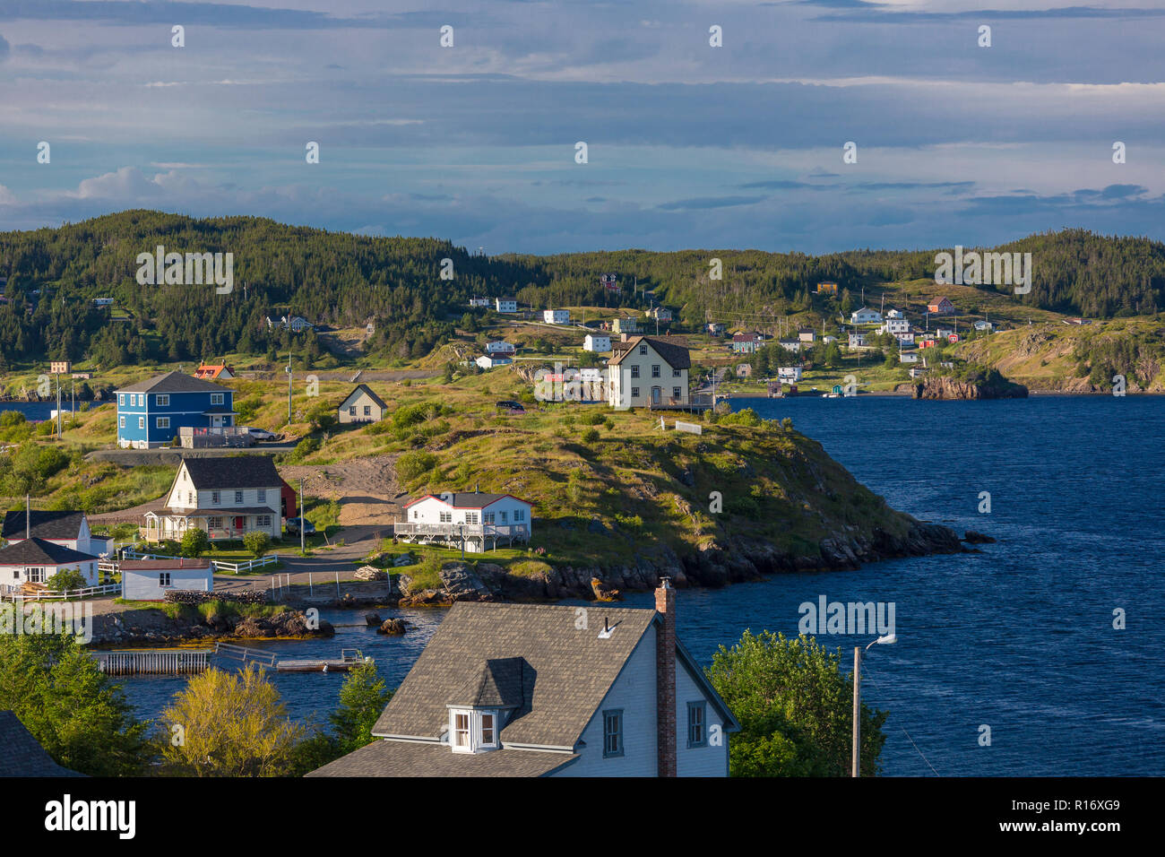 Dreifaltigkeit, Neufundland, Kanada - Häuser mit Blick auf den Hafen in der kleinen Küstenstadt Dreifaltigkeit. Stockfoto