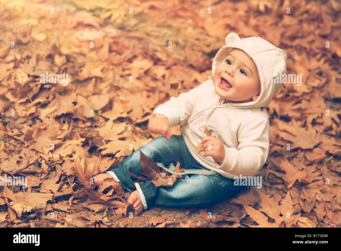 Adorable Kind auf dem Boden mit trockenen Baum Blätter in warmen Herbst Tag und frage mich, bis auf die Sonne, glücklich herbstliche Zeit sitzen Stockfoto