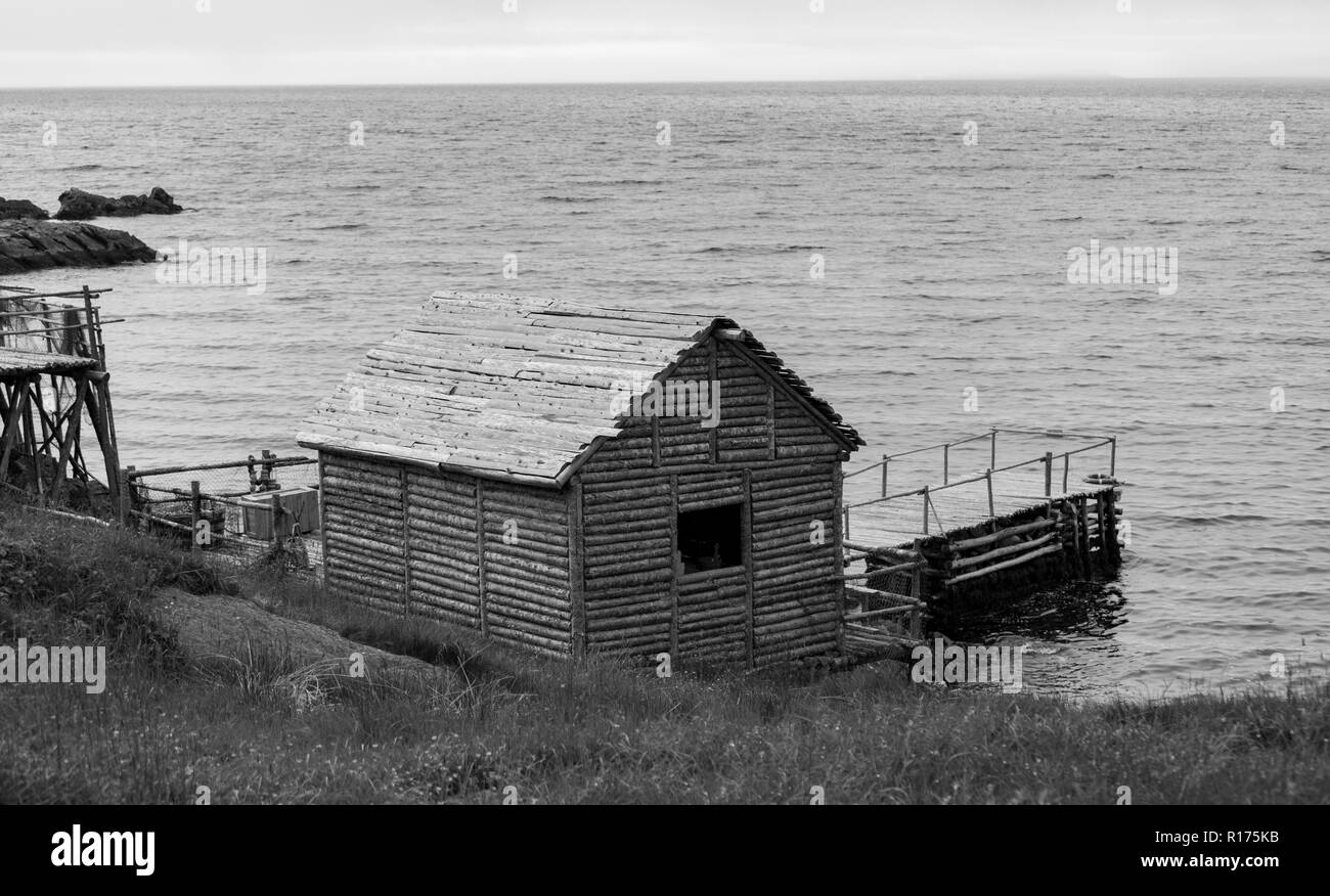 CAPE RANDOM, Neufundland, Kanada - Zufällige Passage Film, Replik des Fischerdorf. Stockfoto