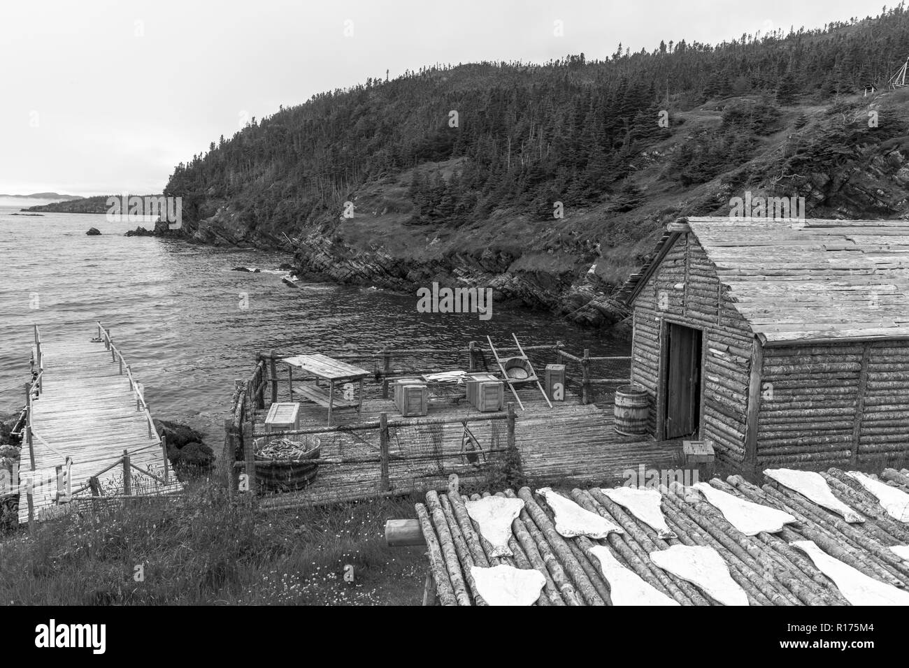CAPE RANDOM, Neufundland, Kanada - Zufällige Passage Film, Replik des Fischerdorf. Kabeljaufilets sind künstliche Requisiten. Stockfoto