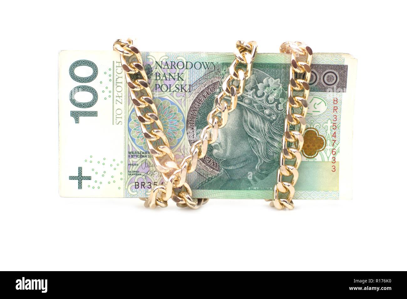 Polnische Geld und Gold isoliert auf Weiss. Polnische Banknoten, Geld 100 PLN. Stockfoto