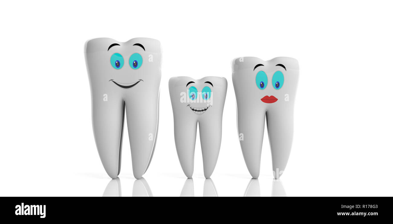 Familie Zähne Gesundheit Konzept. Sauber Glänzend Zahn Modelle, mit Emojis auf weißem Hintergrund. 3D-Darstellung Stockfoto