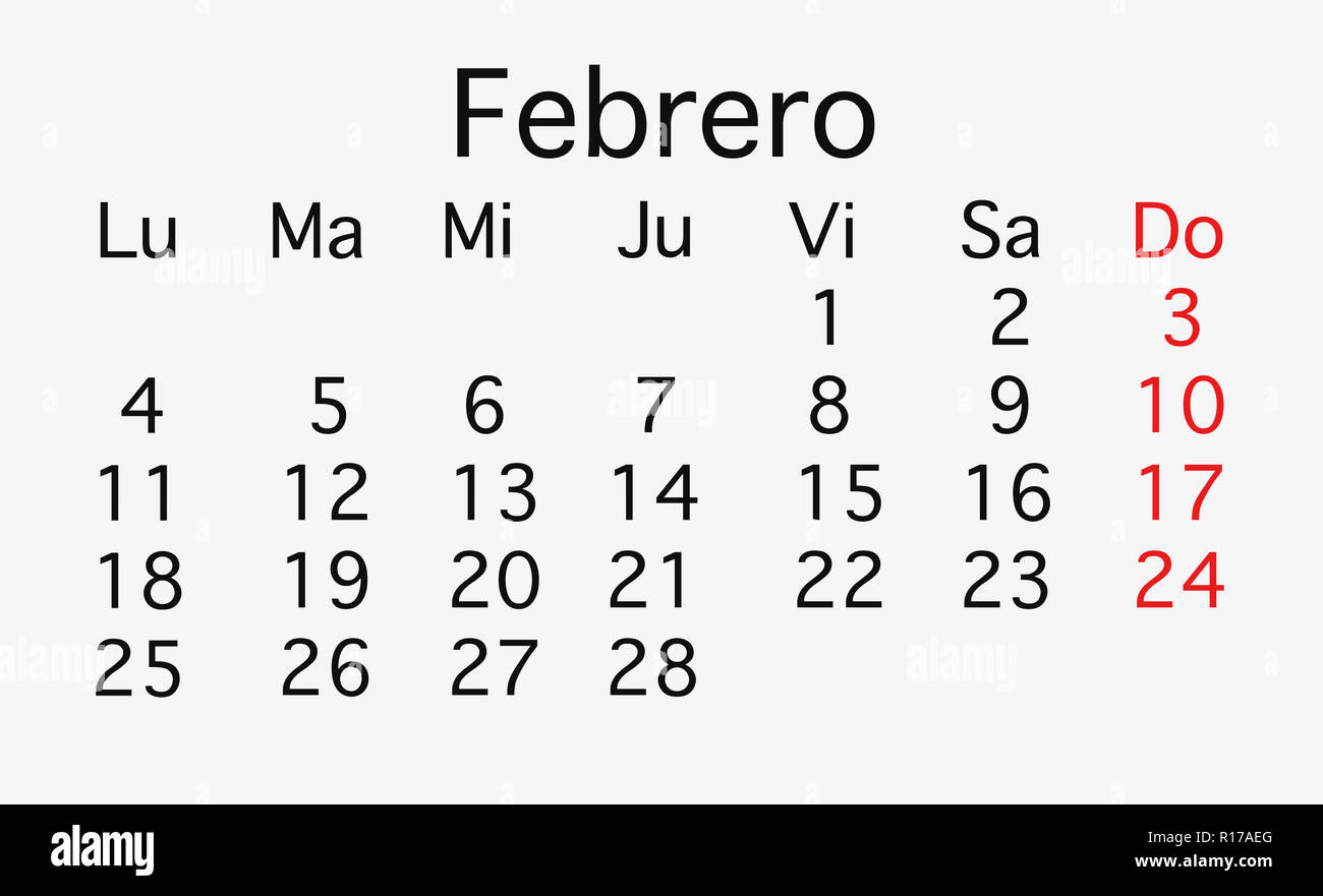 Februar 2019 Planung Kalender. Vektor in schwarzen und roten Farben Stockfoto