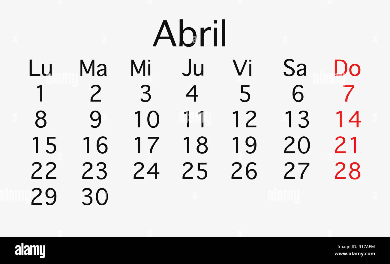 April 2019 Planung Kalender. Vektor in schwarzen und roten Farben Stockfoto