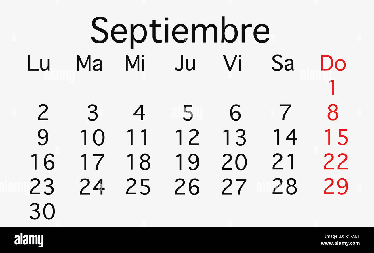 September 2019 Planung Kalender. Vektor in schwarzen und roten Farben Stockfoto