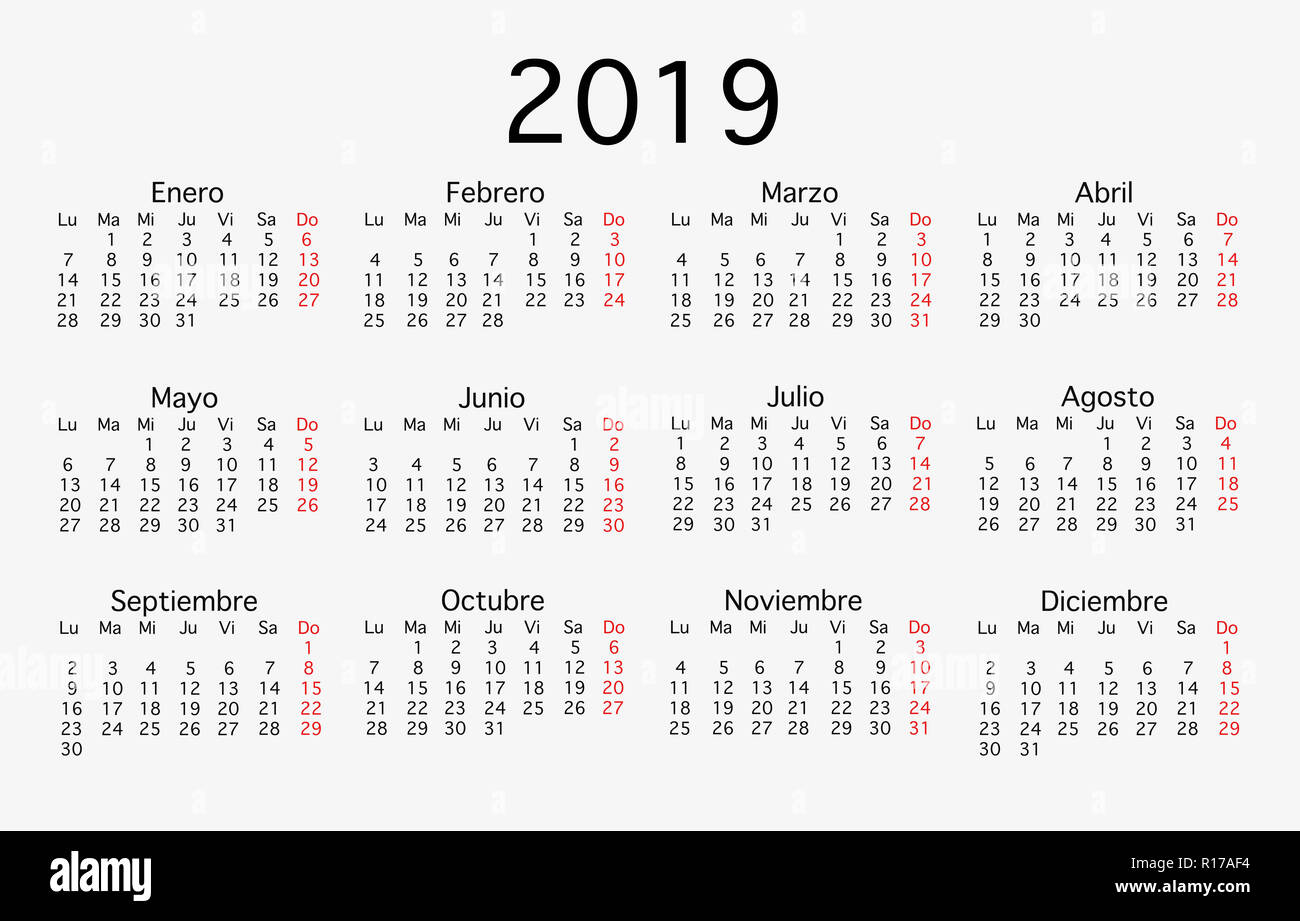 Englisch Vorlage Kalender für das Jahr 2019, von 12 Monaten gesetzt Stockfoto