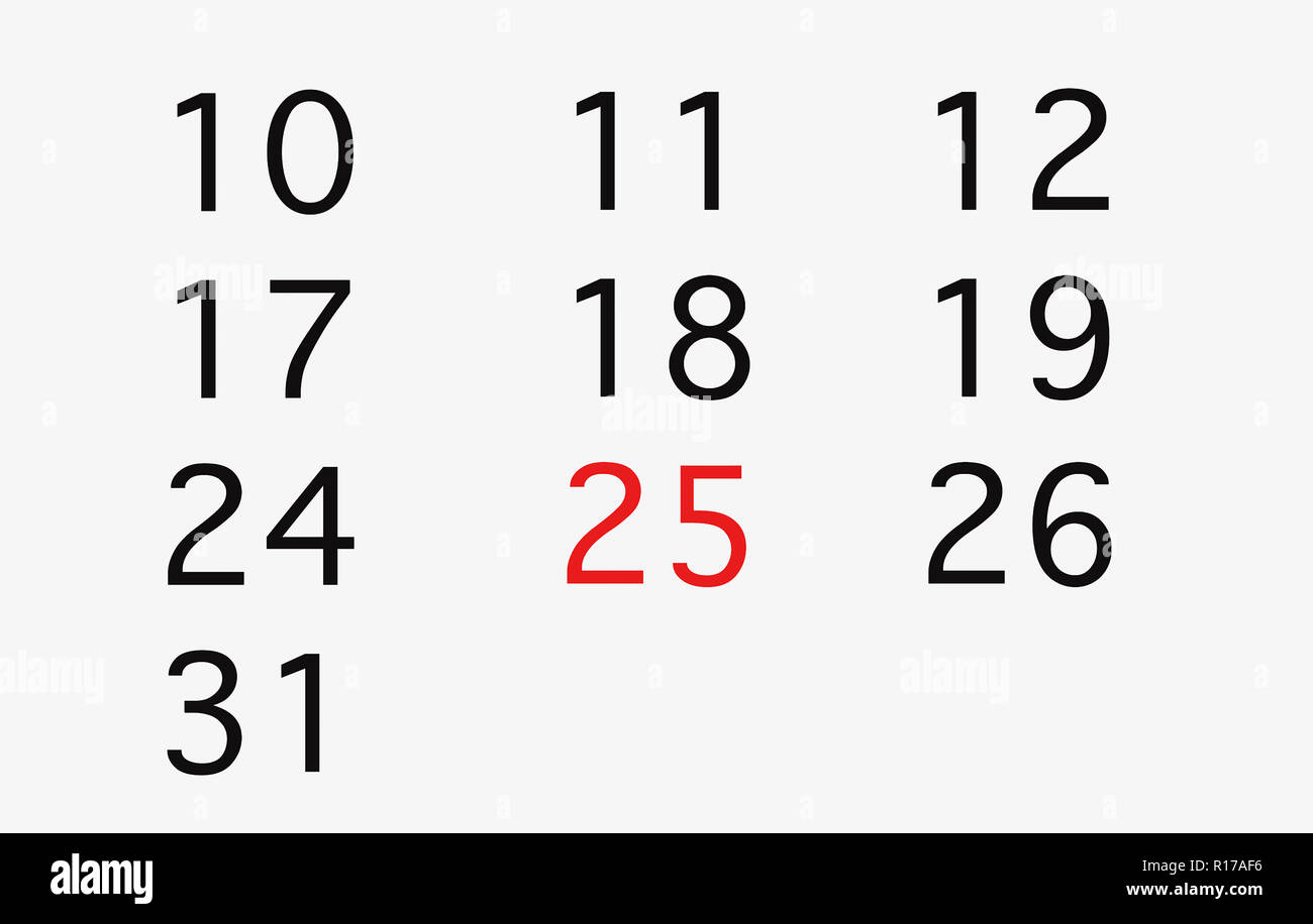 Tage der ein Kalender mit den 25. Urlaub Stockfoto