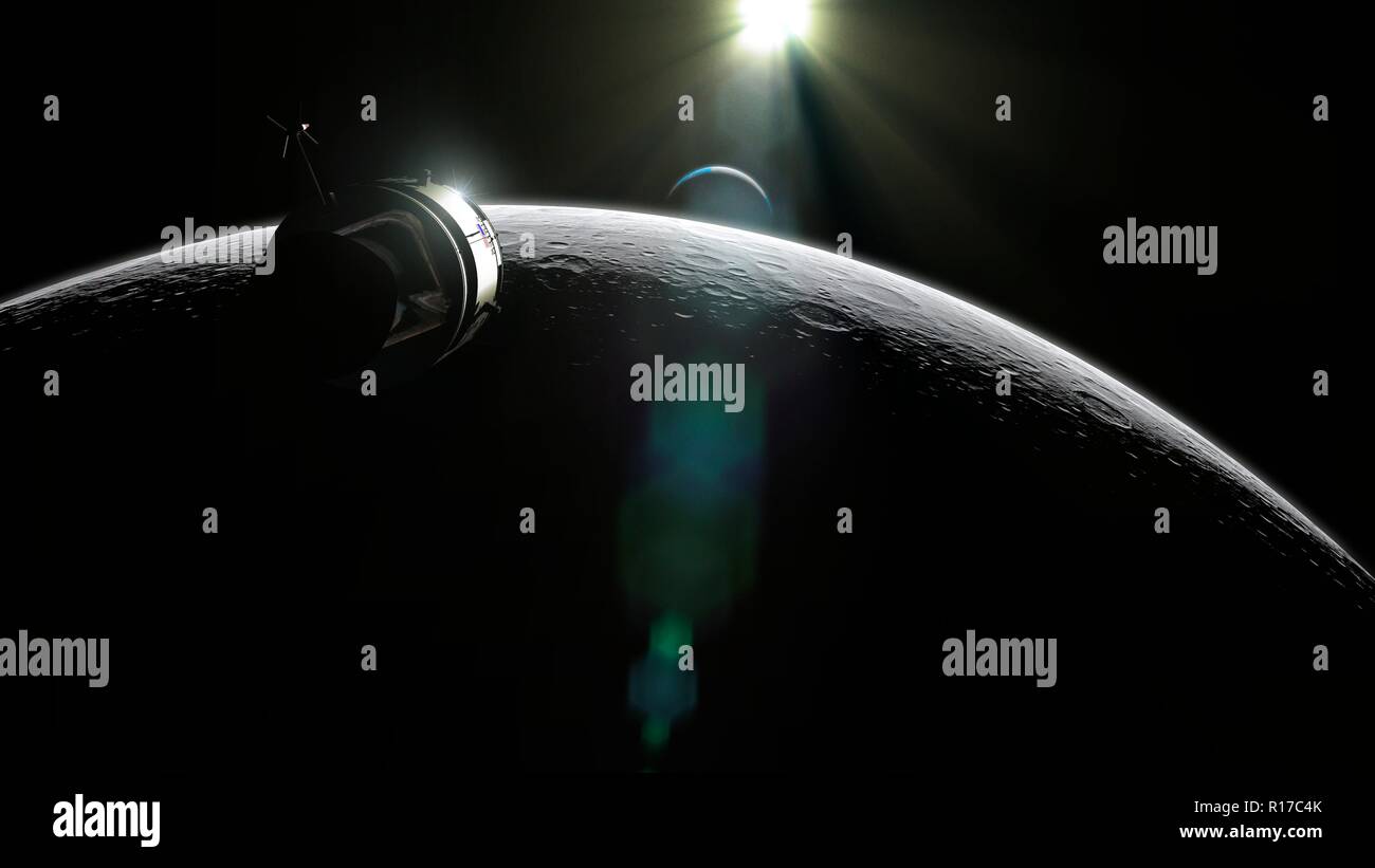 Apollo Raumschiff. Abbildung des Apollo Command/Service Module (CSM) in der Mondumlaufbahn. Jede Apollo Mission war mit drei Astronauten, sitzend im Steuermodul (CM, konischen Abschnitt an der Vorderseite des CSM). Die zylindrische Servicemodul Abschnitt enthalten wissenschaftliche Instrumente, Antriebssysteme, Brennstoffzellen und Life Support Systems. Einmal am Mond, zwei Astronauten der Landefähre auf den Mond zu steigen und dem CSM, die durch die dritte Astronaut pilotiert wurde. Das CM wurde dann wieder in die Erdatmosphäre ein, mit den anderen Abschnitten über Bord geworfen wird. Stockfoto